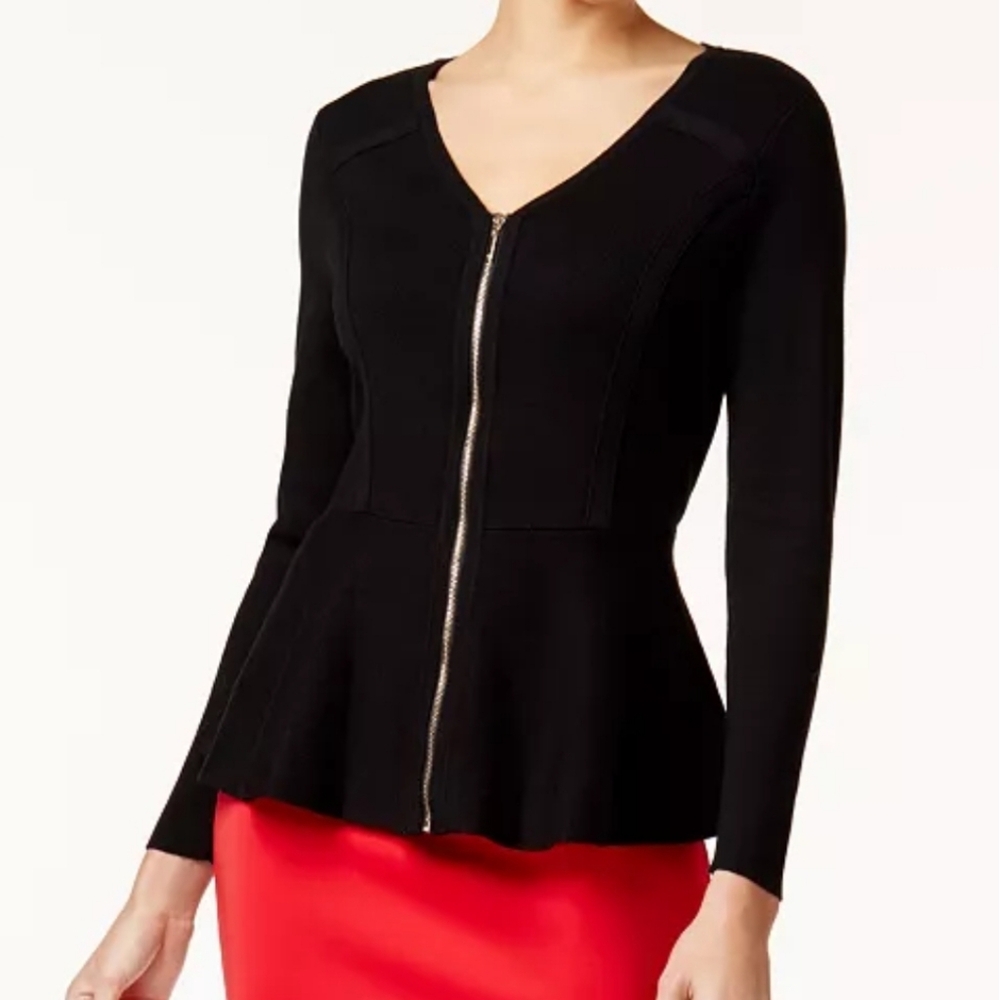 Thalia Sodi Black Zip-front Peplum Sweater, Women's Small